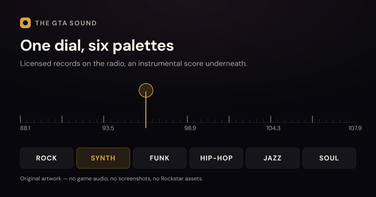 Original radio tuner illustration with a gold needle and genre labels instead of station names