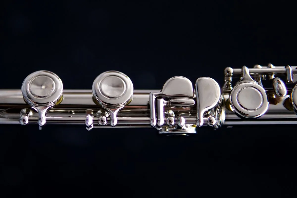 Virtual flute — silver concert flute resting on dark velvet