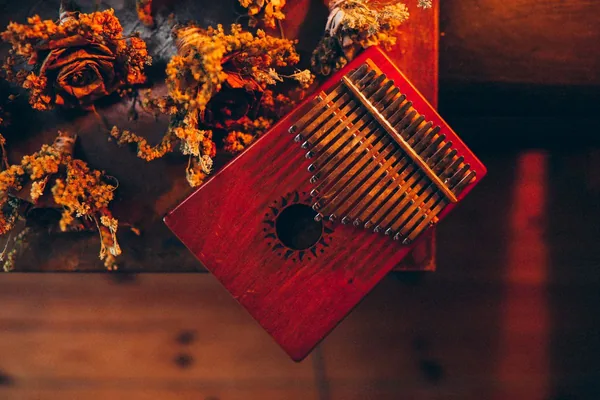 Virtual thumb piano — wooden 17-key kalimba close-up